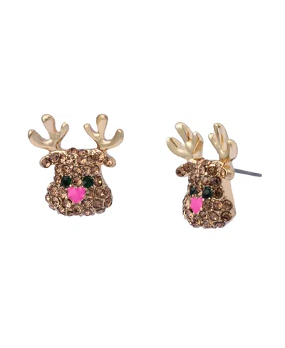 Betsey Johnson Faux Stone Santa Baby Reindeer Stud Earrings In Brown
