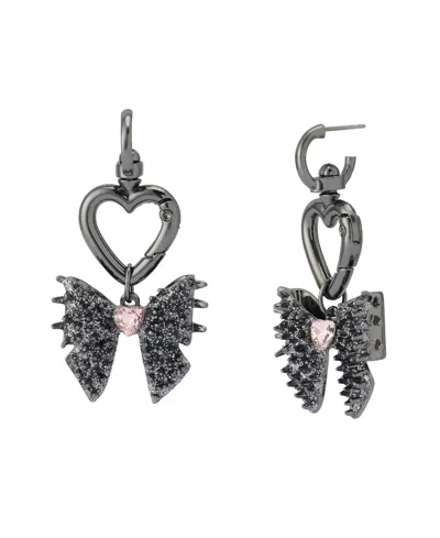 Betsey Johnson Faux Stone Spiky Bow Heart Huggie Earrings In Pink