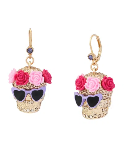 Betsey Johnson Faux Stone Spooky Summer Flower Crown Skull Drop Earrings In Burgundy