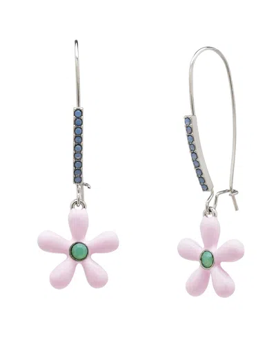 Betsey Johnson Faux Stone Spring Flower Dangle Earrings In Pink,rhodium