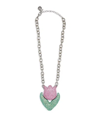 Betsey Johnson Faux Stone Spring Tulip Pendant Statement Necklace In Pink,rhodium