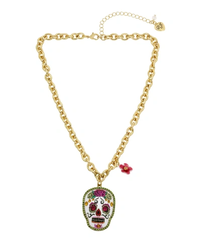 Betsey Johnson Faux Stone Sugar Skull Pendant Necklace In Multi