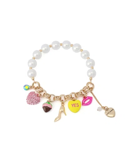 Betsey Johnson Faux Stone Sweetheart Cultivated Pearl Charm Stretch Bracelet