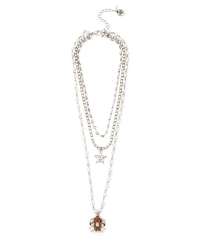 Betsey Johnson Faux Stone Teddy Bear Layered Necklace In Pink