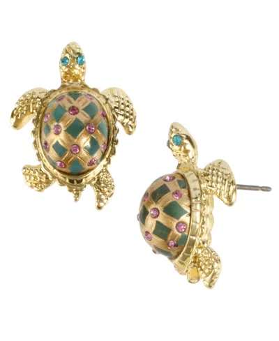 Betsey Johnson Faux Stone Turtle Stud Earrings In Green,gold