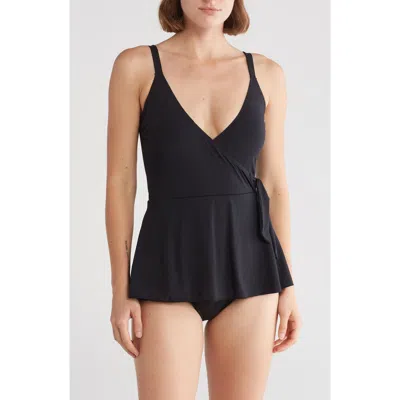 Betsey Johnson Faux Wrap Skirted One-piece Swimsuit In Black