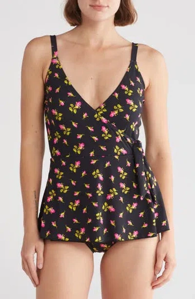 Betsey Johnson Faux Wrap Skirted One-piece Swimsuit In Black