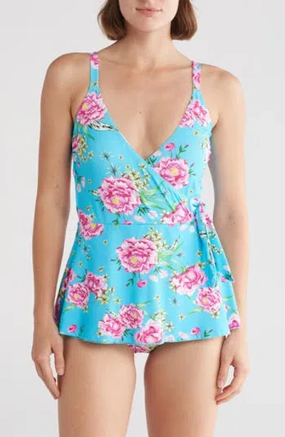 Betsey Johnson Faux Wrap Skirted One-piece Swimsuit In Sky Peony Print