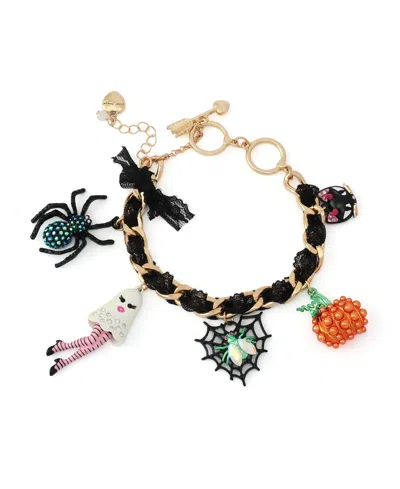 Betsey Johnson Faux-stone Halloween Ghost Spider Charm Statement Bracelet In Black