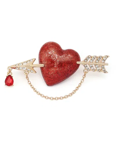 Betsey Johnson Faux-stone Pave Heart Arrow Brooch In Red,gold