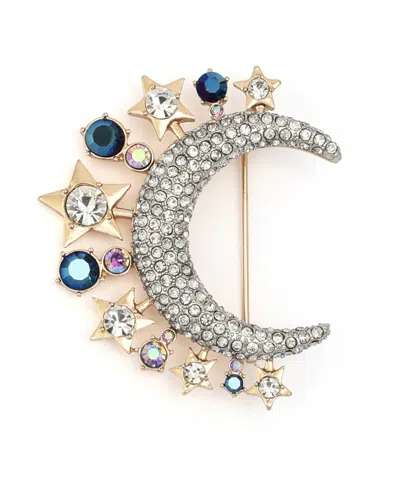Betsey Johnson Faux-stone Pave Moon Brooch In Crystal,two-tone