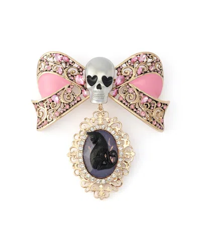 Betsey Johnson Faux-stone Pretty Spooky Skull Bow Cat Cameo Brooch In Pink