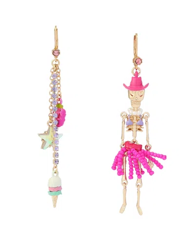 Betsey Johnson Faux-stone Spooky Cowgirl Skeleton Earrings In Pink,gold