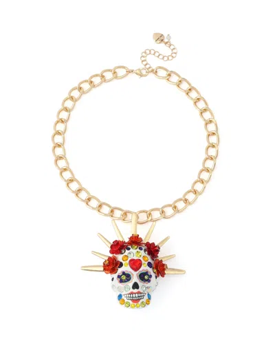 Betsey Johnson Sugar Skull Bride Crown Pendant Necklace In Gold