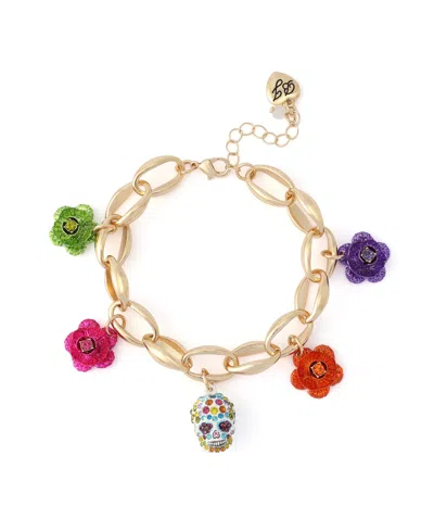 Betsey Johnson Faux-stone Sugar Skull Charm Bracelet In Multi,gold