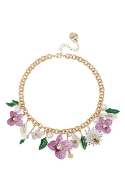 Betsey Johnson Flower Bouquet Frontal Necklace In Gold