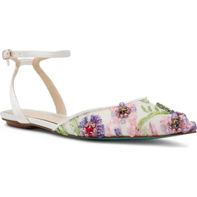 Betsey Johnson Garbo Pointed Toe Ankle Strap Flat In Ivory/multi