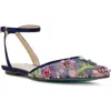 Betsey Johnson Garbo Pointed Toe Ankle Strap Flat In Navy Multi