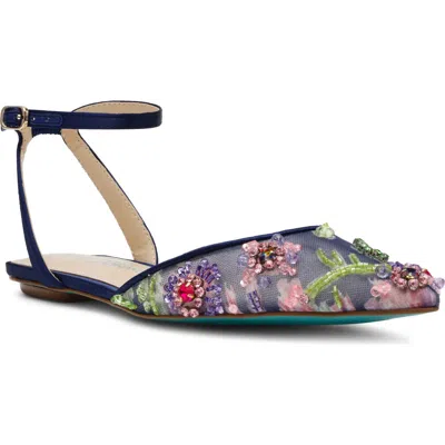 Betsey Johnson Garbo Pointed Toe Ankle Strap Flat In Navy Multi