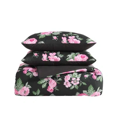 Betsey Johnson Garden Floral Pink Reversible Comforter Bonus Set In Black;pink