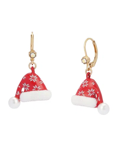 Betsey Johnson Glass Crystal And Imitation Pearl Santa Hat Drop Earrings In Gold