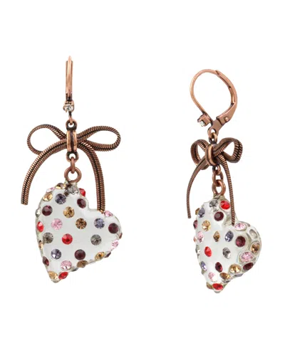Betsey Johnson Glass Crystal Bronze-tone Heart Drop Earrings In Gold