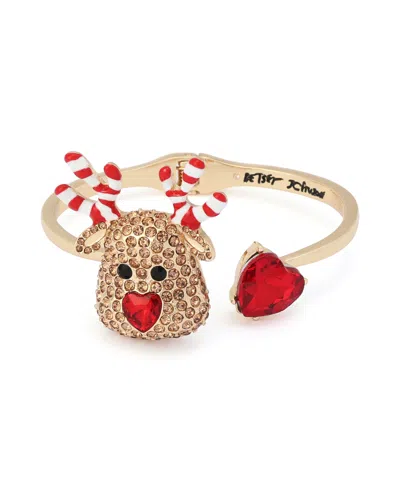 Betsey Johnson Glass Crystal Candy Cane Reindeer Bangle Bracelet In Gold