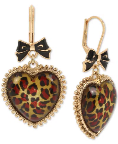 Betsey Johnson Gold-tone Leopard Animal-print Heart Drop Earrings