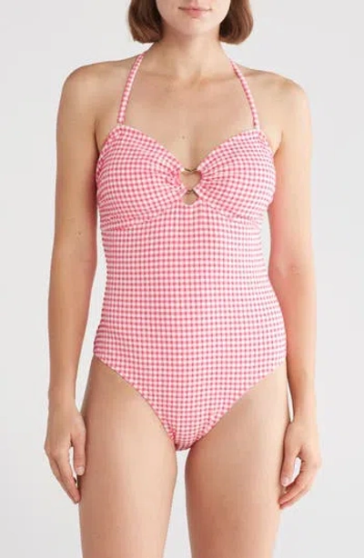 Betsey Johnson Halter One-piece Swimsuit In Pink Glo Gingham