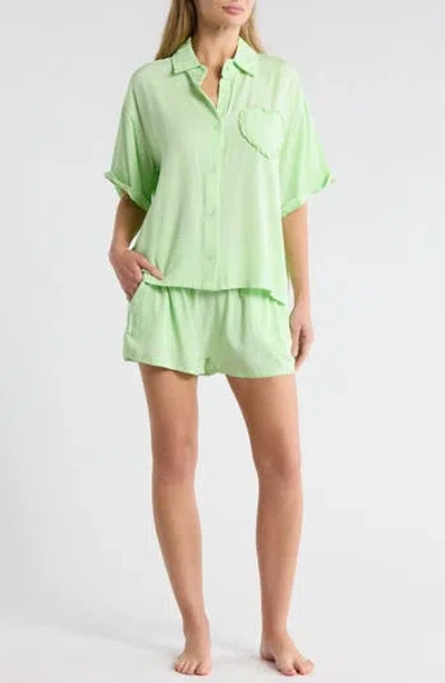 Betsey Johnson Heart Patch Cabana Button-up Shirt & Shorts Cover-up Set In Green