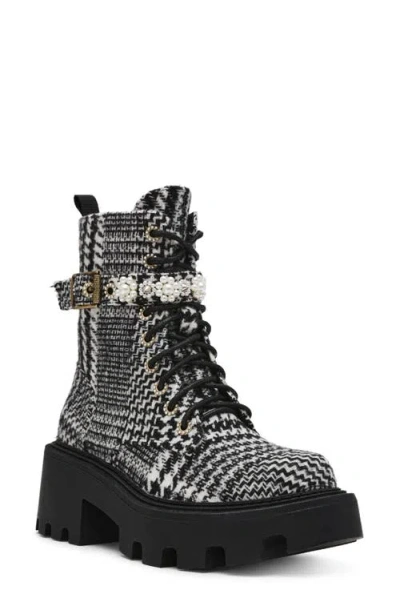 Betsey Johnson Women's Heathr Embellished Lug Sole Combat Booties In Black,white Multi