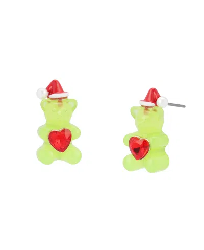 Betsey Johnson Imitation Pearl And Glass Crystal Gold-tone Christmas Stud Earrings In Green