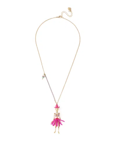 Betsey Johnson Imitation Pearl Spooky Cowgirl Skeleton Pendant Necklace In Pink,gold