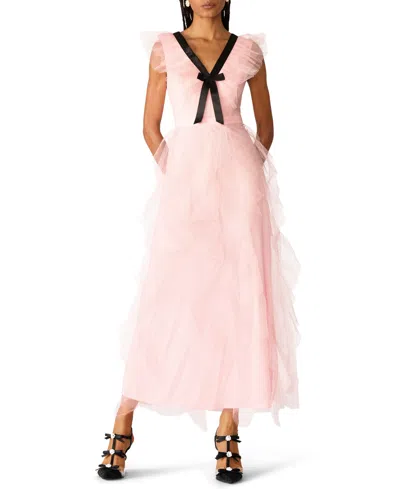 Betsey Johnson Juniors' Cascading Tulle Contrast Bow V-neck Maxi Dress In Pink
