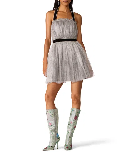 Betsey Johnson Juniors' Halter Open-back Glittering Tulle Mini Dress In Silver Black