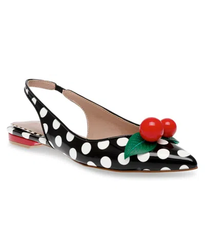 Betsey Johnson Junniper Sling Back Flat With Cherry Detail In Black,white Multi