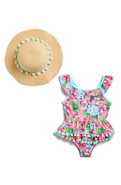 Betsey Johnson Kids' Floral One-piece Swimsuit & Hat Set In Coral