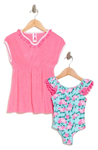 Betsey Johnson Kids' One-piece Swimsuit & Cover-up Dress Set In Pink