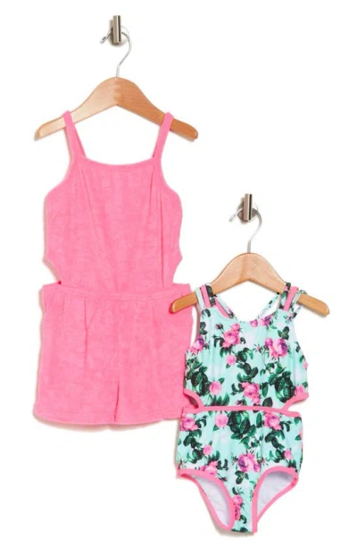 Betsey Johnson Kids' One-piece Swimsuit & Cover-up Romper Set In Pink