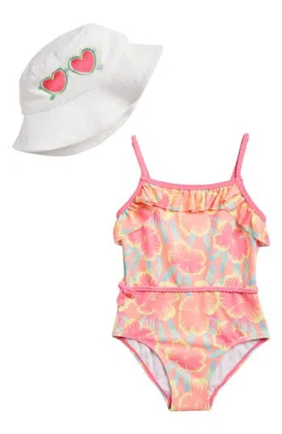 Betsey Johnson Kids' One-piece Swimsuit & Hat Set In Coral Multi