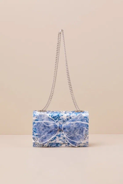 Betsey Johnson Kitsch Blue And White Floral Satin Pearl-trimmed Bow Handbag