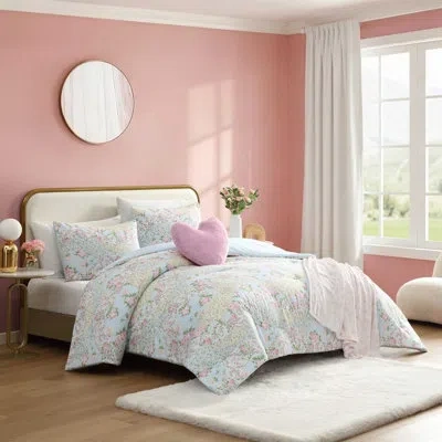 Betsey Johnson Patchwork Floral Reversible Blue Comforter Bonus Set In Blue;yellow