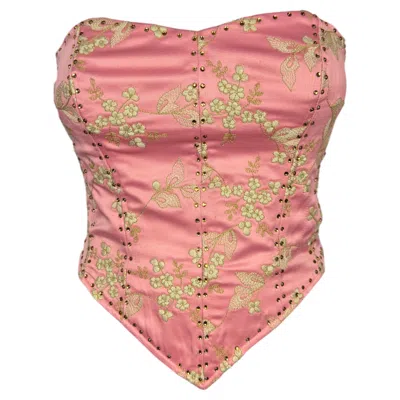Pre-owned Betsey Johnson Pink Label Pink Beaded Corset Top With Floral Embroidery