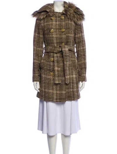Pre-owned Betsey Johnson Plaid Print Faux Fur Coat In Brown