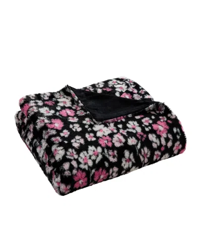 Betsey Johnson Printed Faux Rabbit Fur Blanket, 70" X 50" In Black