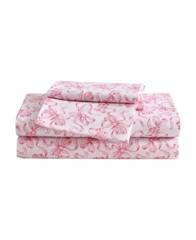 Betsey Johnson Printed Microfiber 4 Piece Sheet Set, Queen In Pink Ballet Bows