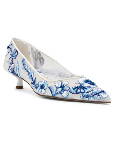 Betsey Johnson Santo Embroidered Kitten Heel Pumps In White,blue Floral