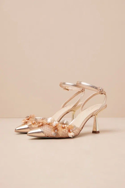 Betsey Johnson Sb-carli Gold Mesh Floral Applique Ankle Strap Heels