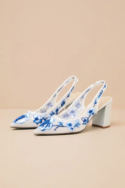 Betsey Johnson Sb-page White And Blue Floral Embroidered Mesh Slingback Pumps