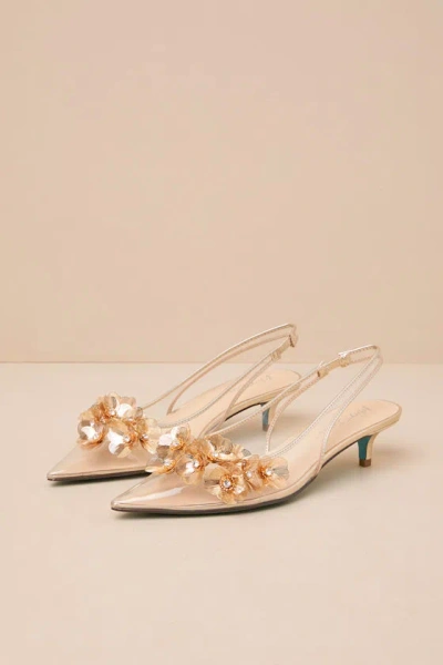 Betsey Johnson Sb-robin Gold Vinyl Floral Applique Slingback Kitten Heel Pumps